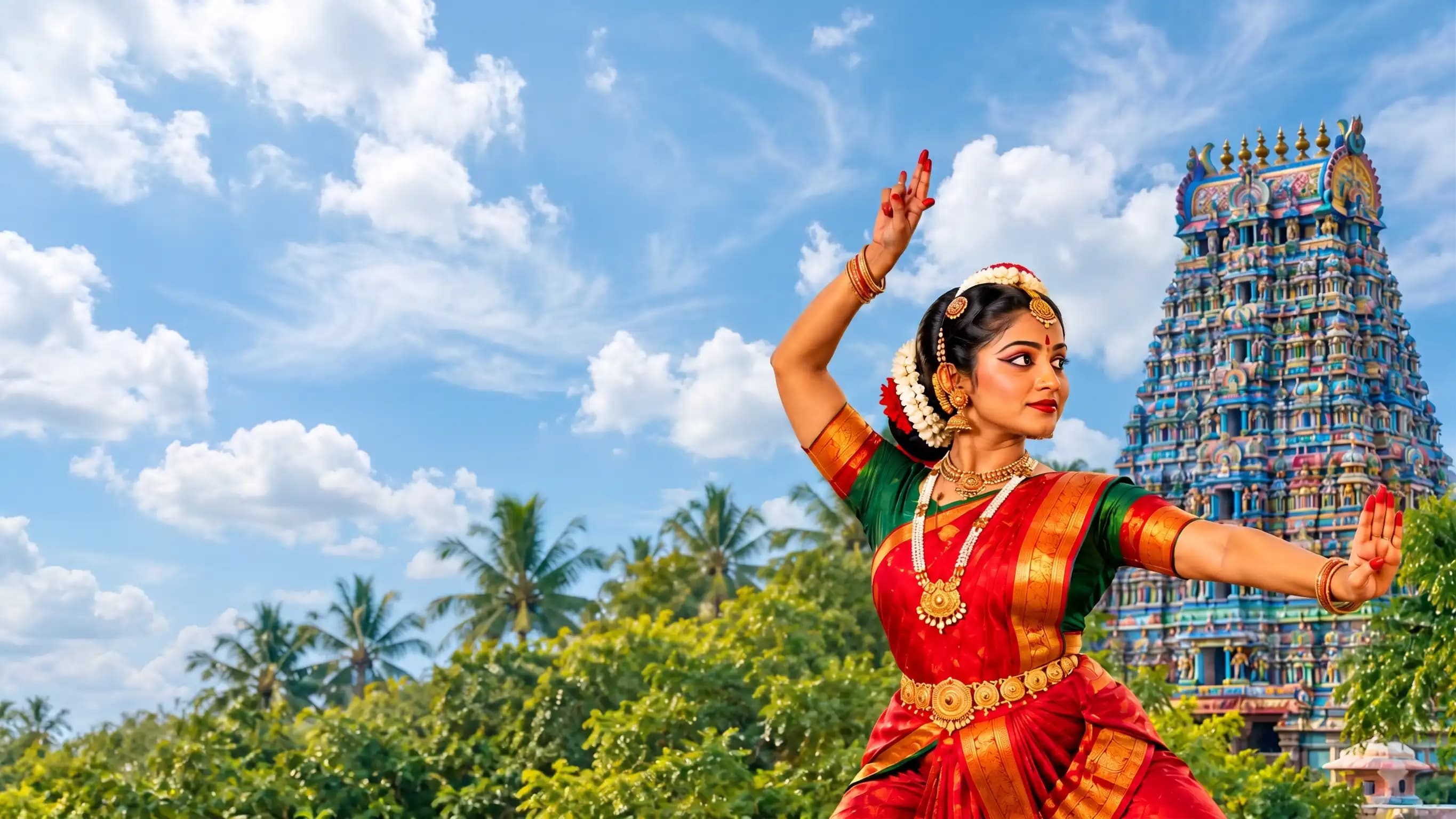 Bharatanatyam-Tänzerin vor einem südindischen Tempelturm