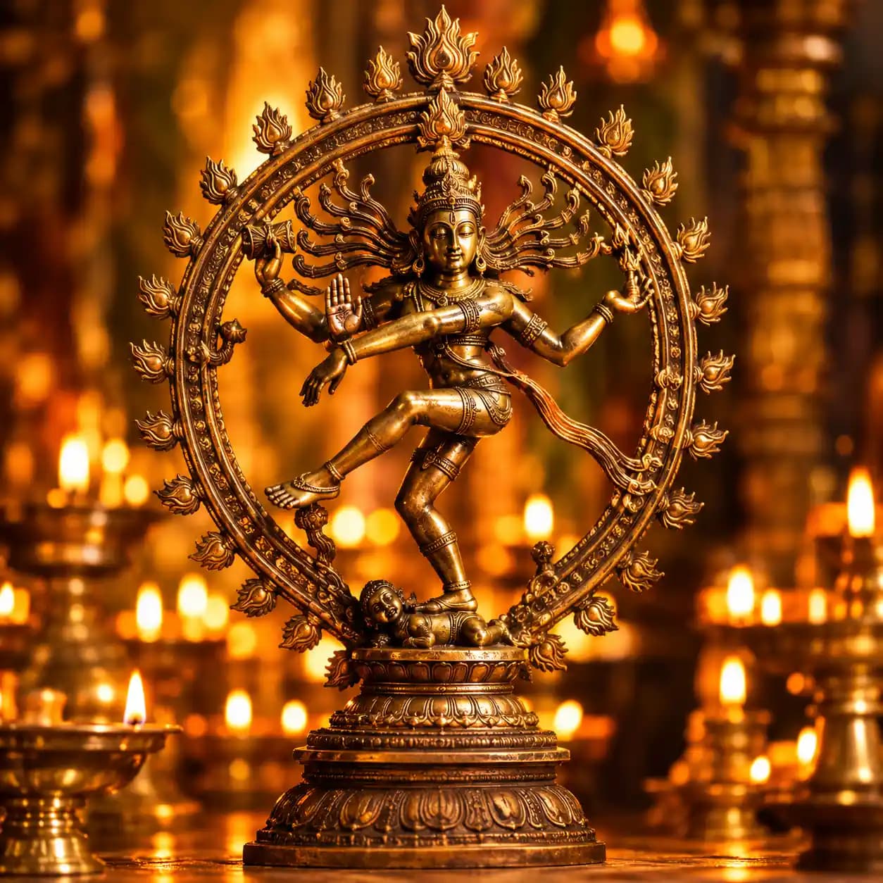 Goldene Nataraja-Statue zwischen Öllampen