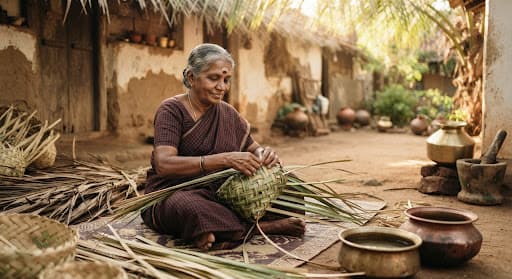 Elderly Tamil woman artisan skillfully weaving palmyra palm fronds in a courtyard in Jaffna